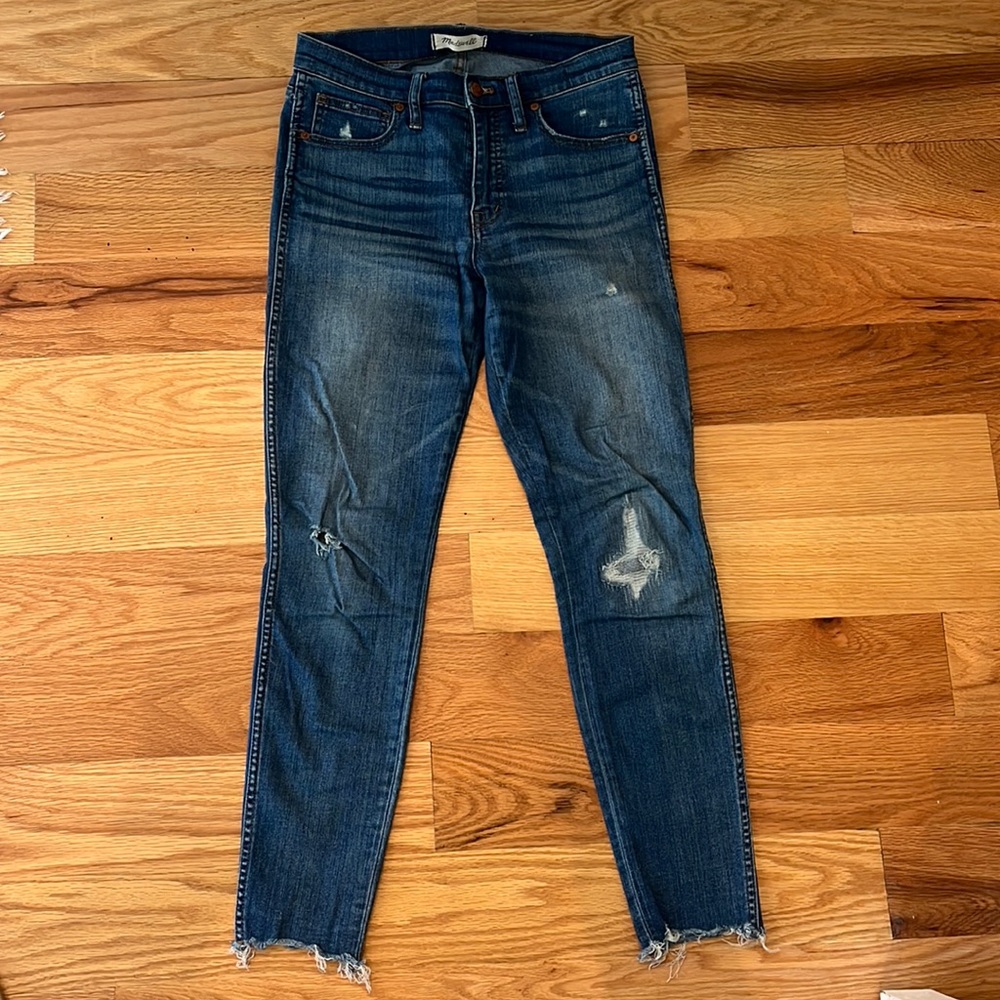 Madewell size 27, 9” rise, slightly distressed jeans